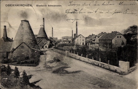 Postcard Obernkirchen in the district of Schaumburg, Bückeberg, glass factory, Schauenstein, industrial building, Lands