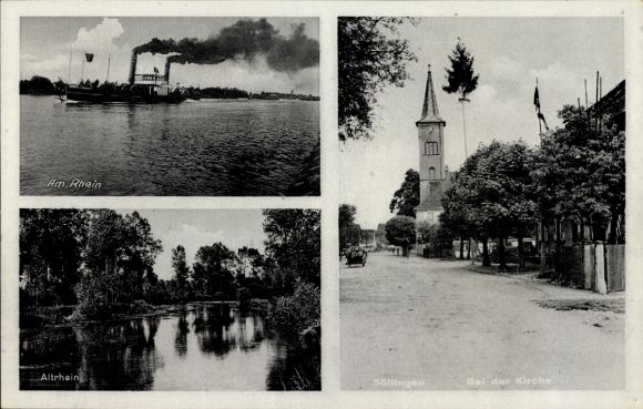 Postcard Söllingen Pfinztal am Kraichgau, steamer on the Rhine, Old Rhine, church