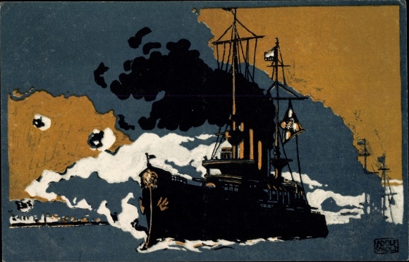 Kunstenaarskaart Scholz, Adolf, Duits oorlogsschip op zee, collectie Duitse Rode Kruis