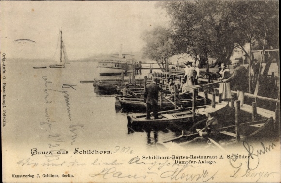 Postcard Berlin Wilmersdorf Grunewald Schildhorn, Schildhorn garden restaurant, steamer facility