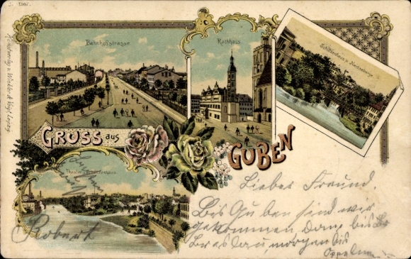 Litho Guben in der Niederlausitz, Bahnhofstraße, Theater, Schützenhaus, Rathaus, Neißeberge