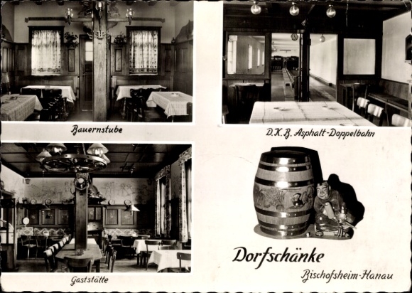 Postcard Bischofsheim Maintal in Hesse, village tavern, farmhouse parlor, asphalt double track