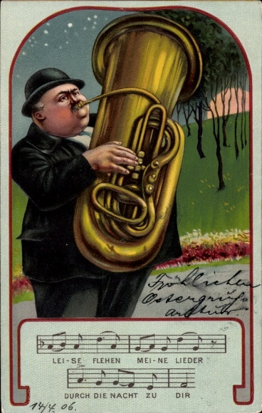Embossed Postcard My songs are quietly pleading, fat man with tuba