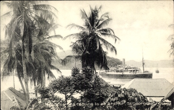 Postcard St Georges Grenada, HM Steamer coming to an anchor