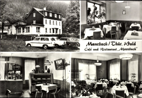 Ak Manebach Ilmenau in Thüringen, Café en Restaurant Moosbach, buitenaanzicht, interieur