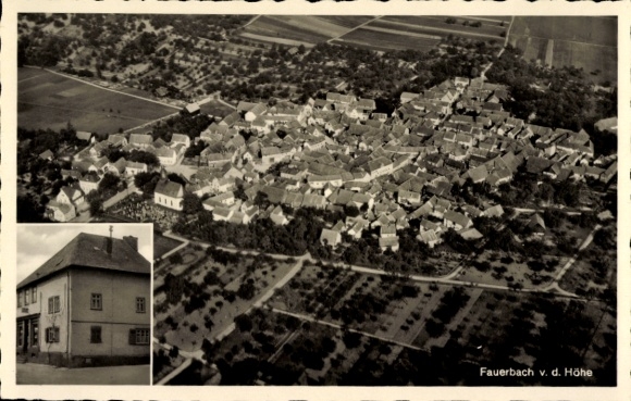 Postcard Fauerbach in front of the Butzbach heights in the Taunus region of Hesse, aerial photograph, Fritz Löw General Goods