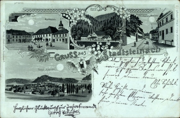 Moonlight Chromo-Litho Postcard Stadtsteinach Upper Franconia, Market Square, Paper Factory, Main Street, Total