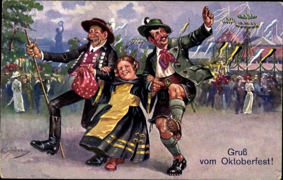 Artist Postcard Schlemo, E., Munich, Oktoberfest, Münchner Kindl, revelers in traditional costumes