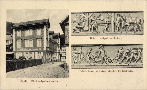 Postcard Ruhla Wartburgkreis, view of the Landgrave's forge, reliefs