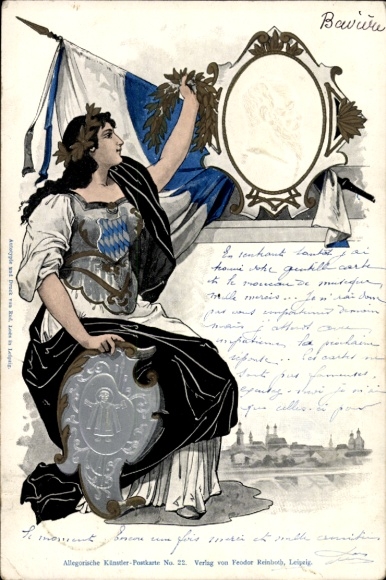 Embossed Chromo-Litho Munich, King Ludwig III of Bavaria, portrait, Bavaria with flag and coat of arms
