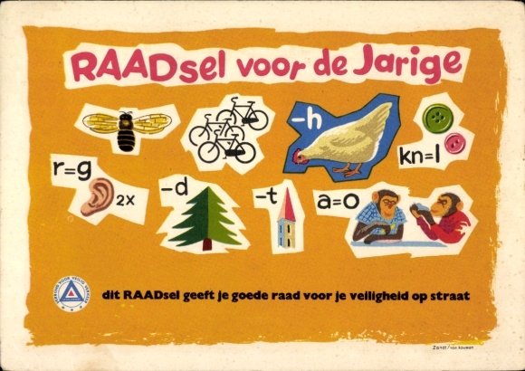 Rebus Postcard puzzles for children, advertising RAAD