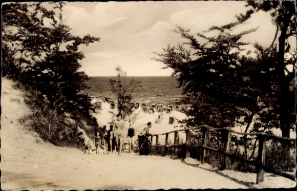 Postcard Ostseebad Ueckeritz Ückeritz on Usedom, beach path, trees, sea, people, Ueckeritz