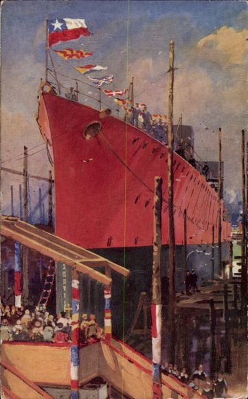 Artist Postcard Chilean warship, launch, destroyer Serrano