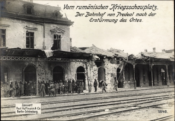PC Predeal Romania, railway station, track side, war damage, German soldiers, I WW