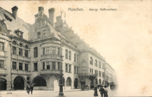 Postcard Munich Bavaria, Royal Hofbrauhaus, architecture, street view