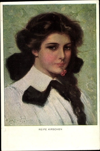 Kunstenaar Ak Underwood, Clarence, rijpe kersen, portret van een vrouw, vlechtwerk