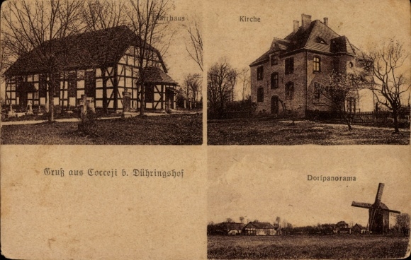 Ak Krzyszczyna Cocceji Neudorf in der Neumark Ostbrandenburg, Pfarrhaus, Kirche, Dorf, Windmühle