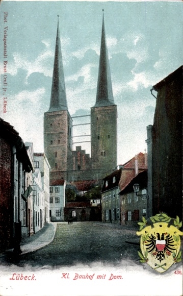 Postcard Hanseatic City of Lübeck, small building yard with cathedral, two high towers, building