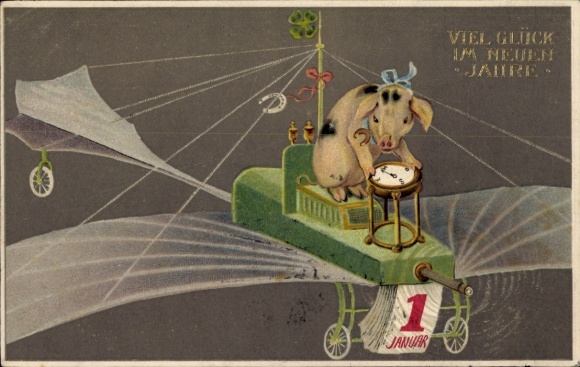 Postcard Happy New Year, piggy pilots airplane, horseshoe, lucky clover
