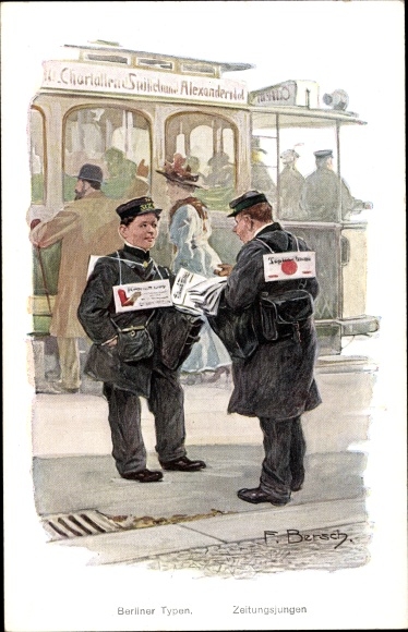 Artist PC Bersch, F., Berlin Mitte, Berlin types, newsboys, tram