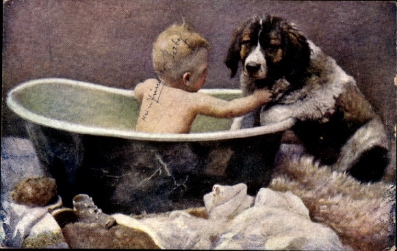 Artist Postcard Jobst, child and St. Bernard bathing together
