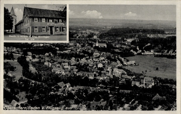 Postcard Oberachern Achern in Baden Black Forest, aerial view of Gasthaus z. Hirsch, landscape
