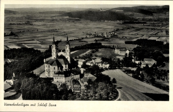 Postcard Vierzehnheiligen Bad Staffelstein am Main Upper Franconia, aerial photograph, Banz Castle