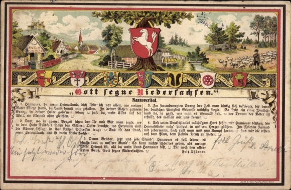 Postcard God bless Lower Saxony, Hanover song v. Fritz Thörner, Hildesheim, Lüneburg, Göttingen, coat of arms
