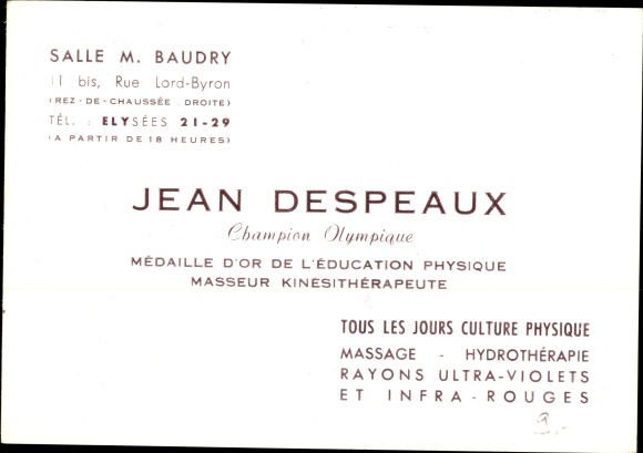 Postcard Olympic Games 1936, Jean Despeaux, Masseur Kinesitherapeute, advertisement