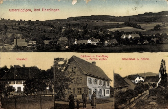 Postcard Untersiggingen Deggenhausertal Bodenseekreis, rectory, bakery Bernh. Zipfel, schoolhouse, church