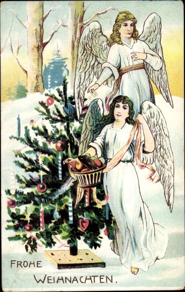 Kunstenaar ansichtkaart Vrolijk kerstfeest, engel, dennenboom, peperkoek
