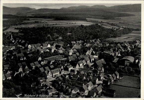 Postcard Holzheim Göppingen in Württemberg, aerial view of Holzheim, many houses, landscape, mountains
