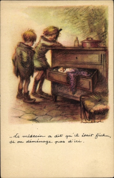Artist Postcard Poulbot, Franciscque, Children, Baby sleeping in a drawer