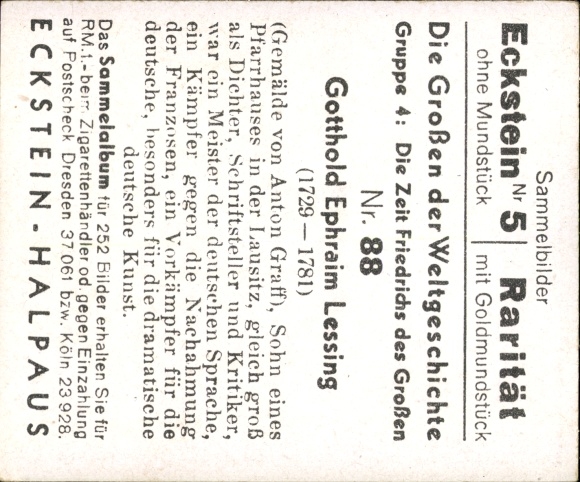 Collector's picture The Greats of World History Group 4 No. 88 Gotthold Ephraim Lessing, Anton Graff