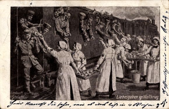 Artist Postcard Strieffler, gifts of love in the World War, soldiers going to war, train station, Red Cross