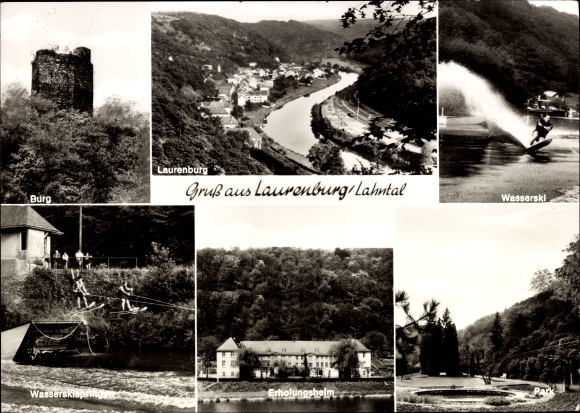 Postcard Laurenburg an der Lahn, castle, convalescent home, park, water skiing, panorama