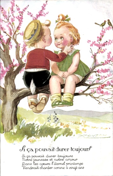 Artist Postcard Mauzan, Si ca pouvait durer toujours, Boy and girl on a branch