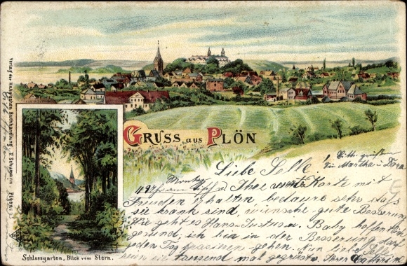 Chromo-Litho Plön am See Holstein, panorama, castle garden, view from the star