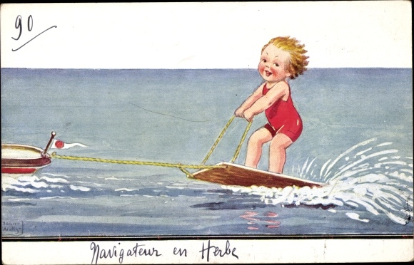Artist PC Wills, John, Child in a bathing suit on a board, water skiing