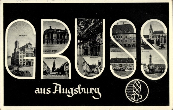 Letters Postcard Augsburg in Swabia, City Hall, City Theater, Cathedral, St. Ulrich, Golden Hall