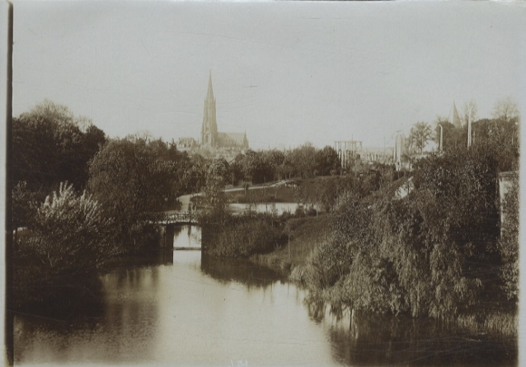 Original photo of Metz on the Moselle in France, Moselle section with view to the church, around 1900