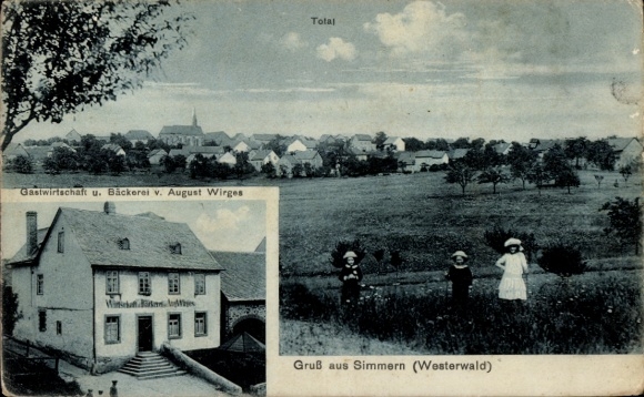 Postcard Simmern in the Westerwald, general view, restaurant and bakery
