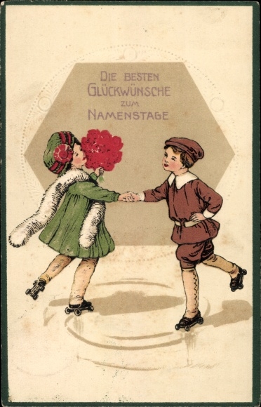 Embossed Postcard congratulations on the name day, children go roller skating