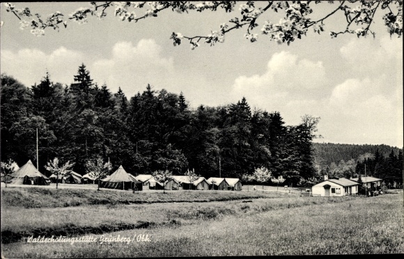 Postcard Grünberg in Hesse, forest recreation area, tents, huts