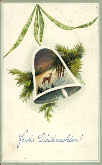 Postcard Markneukirchen in Vogtland, a bell with a deer inside, surrounded by fir branches...