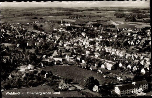 Postcard Waldbröl in the Oberbergisches Land, aerial photograph, Oberbergisches Land, rural landscape, houses