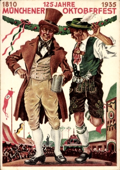 Artist Postcard Munich Bavaria, 125 years Oktoberfest 1935, Schuhplattler, Bavarian costume