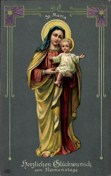 Postcard Congratulations on your name day, Mary with baby Jesus