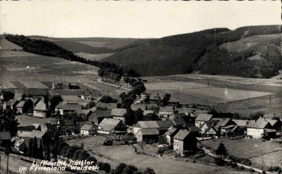 Postcard Rattlar Willingen Upland in Hesse, panoramic view, village, hills and mountains, fields, buildings, ...