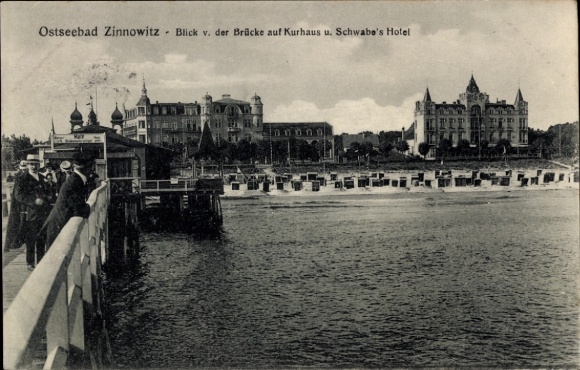 Postcard Ostseebad Zinnowitz on Usedom, Baltic Sea resort view from the bridge to Kurhaus, Schwabe's Hotel